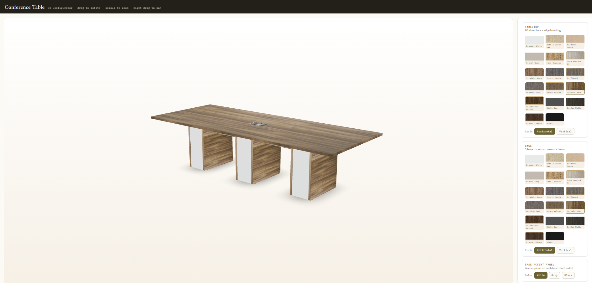 Loomfield 3D conference table configurator — wood and base material swatches