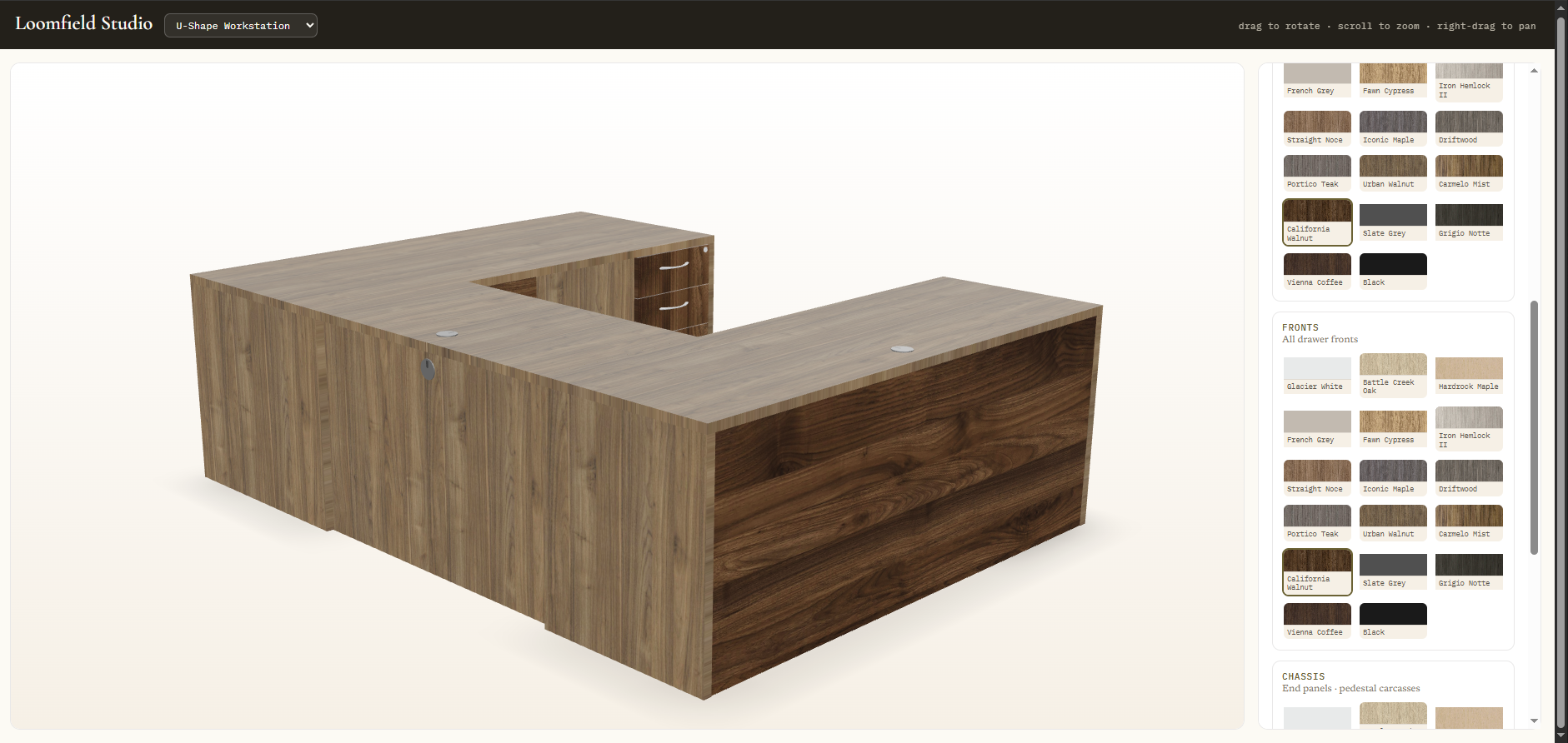 Loomfield 3D conference table configurator — full UI with material swatches for tabletop and base; drag to rotate, scroll to zoom