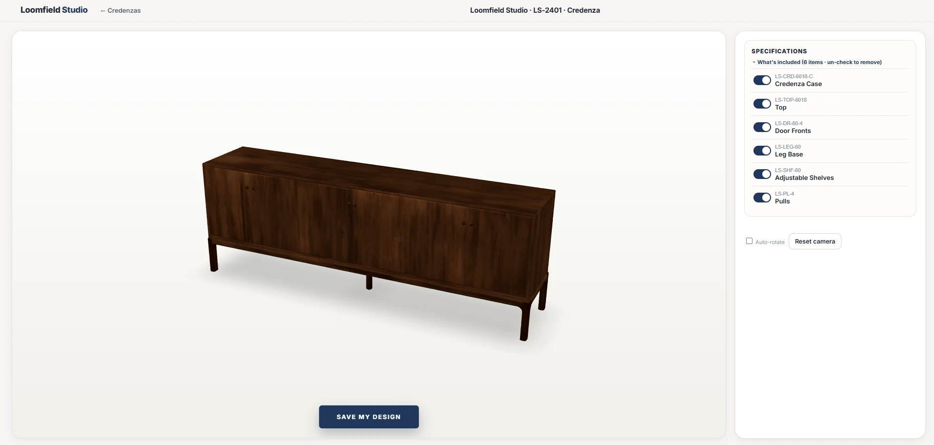 Loomfield 3D configurator showing a walnut credenza beside a specifications panel of six toggleable components, each with its part number