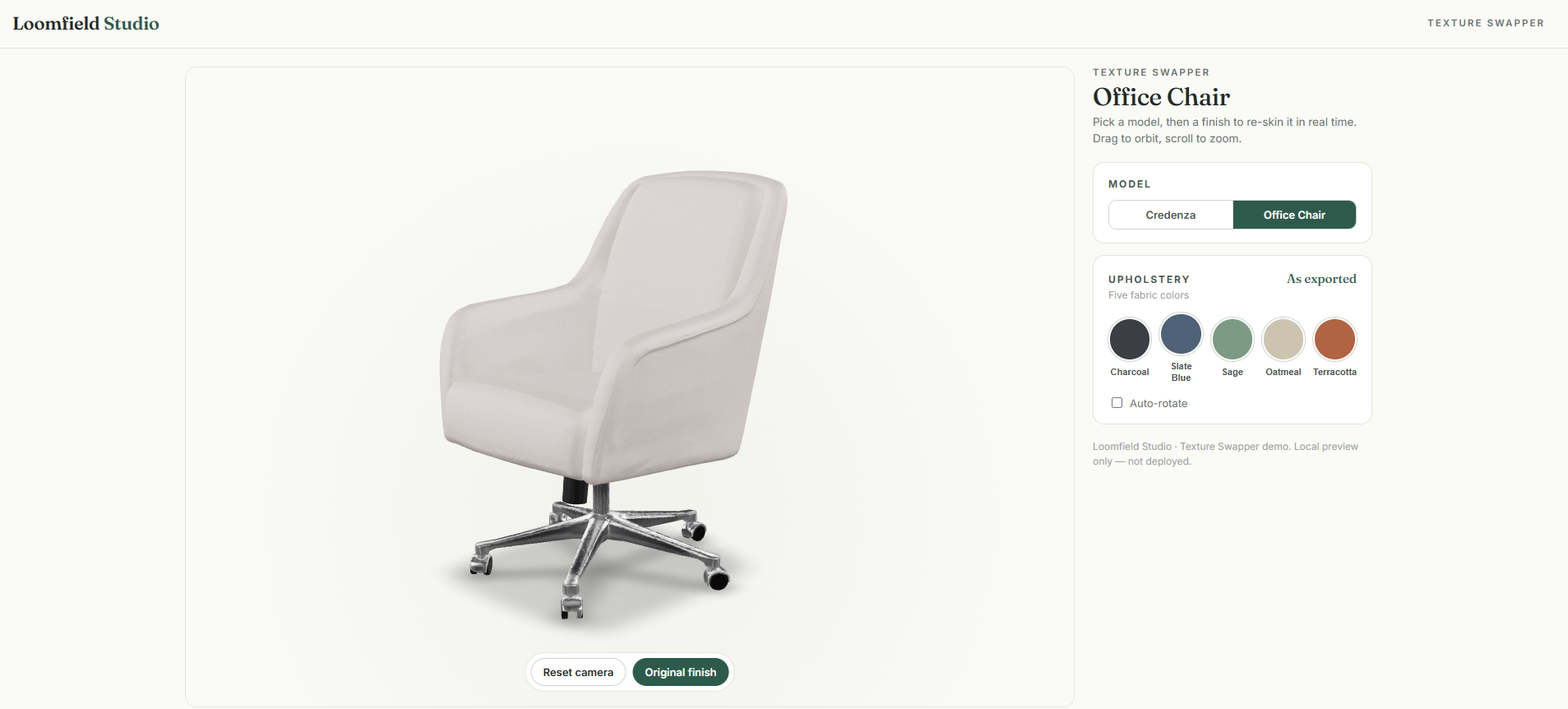 Loomfield texture swapper demo — an office chair in a live viewer with a model picker and five upholstery colors: charcoal, slate blue, sage, oatmeal and terracotta