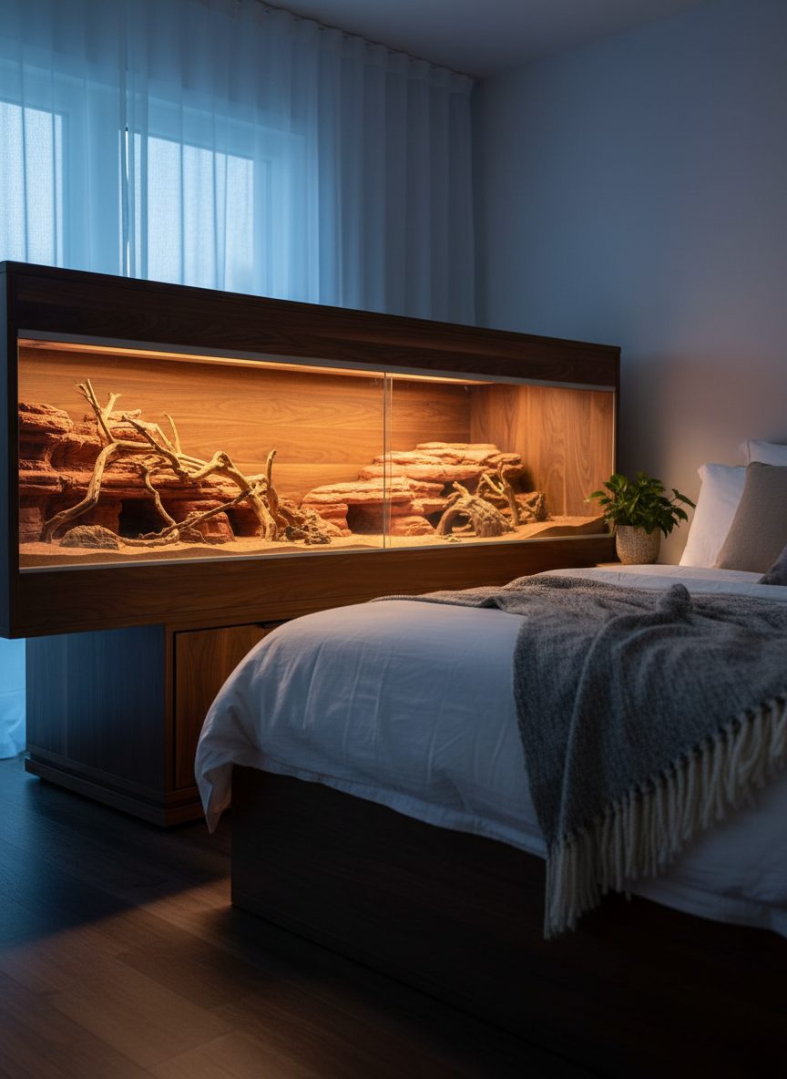 Bedroom interior featuring a custom terrarium-style headboard bed