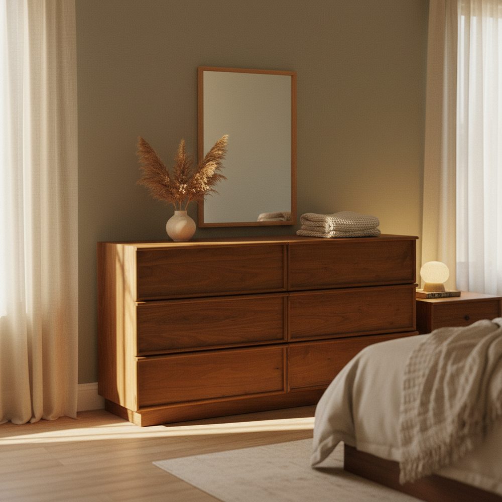 Wood dresser styled in a sunlit bedroom with natural materials