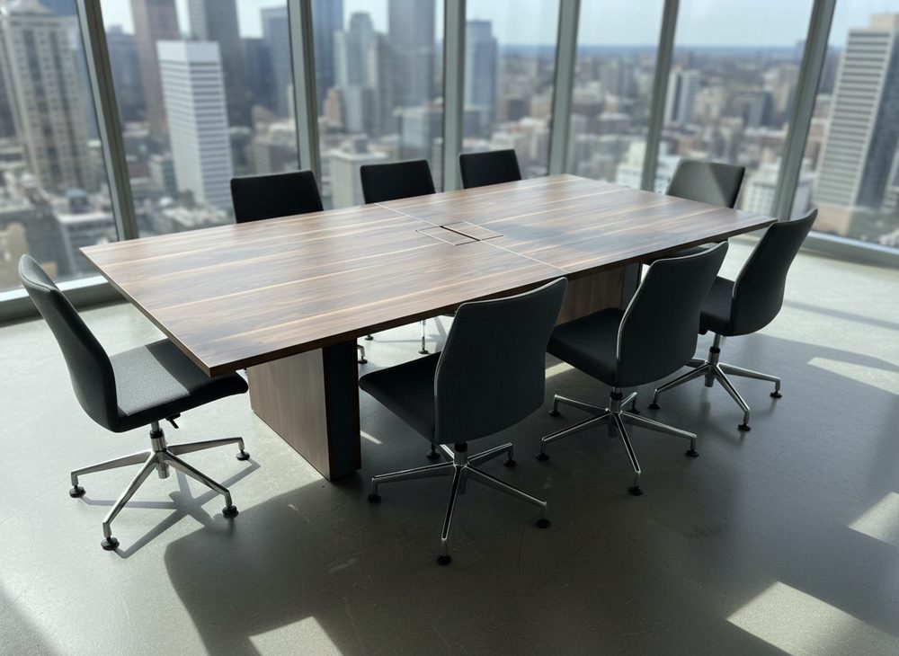 Conference table set in an office boardroom with a city skyline behind it