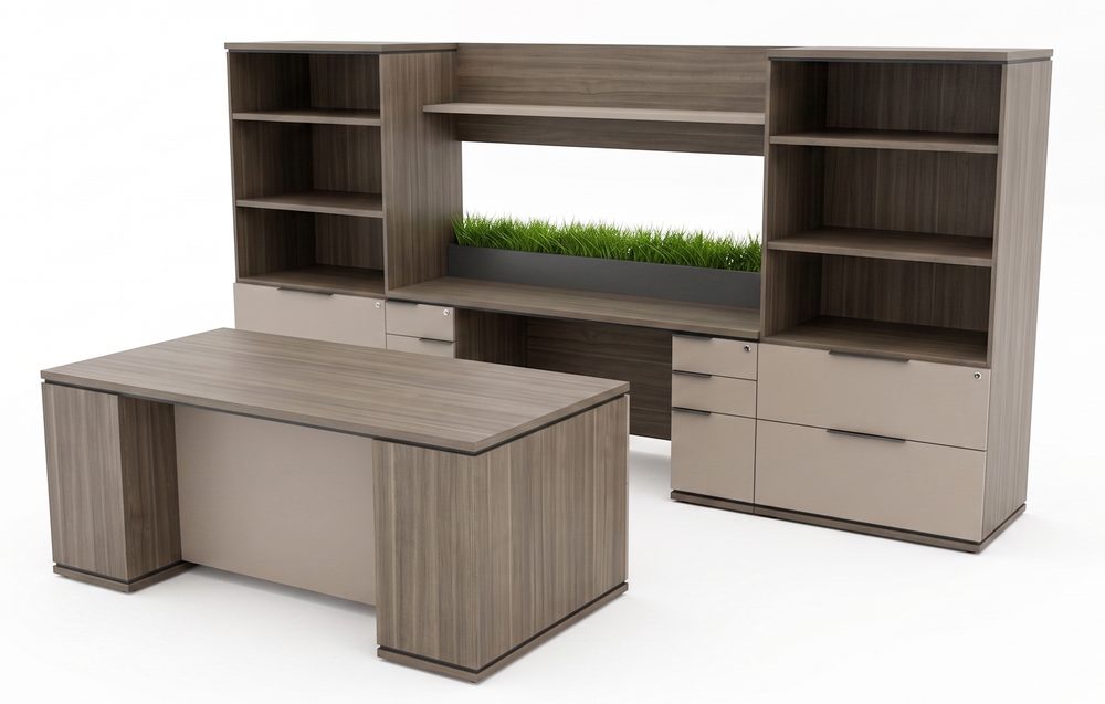 Driftwood office collection with paired bookcases, planter inset, and matching workstation