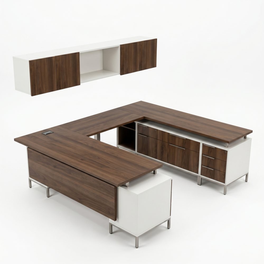 Executive desk suite in walnut wood and white laminate