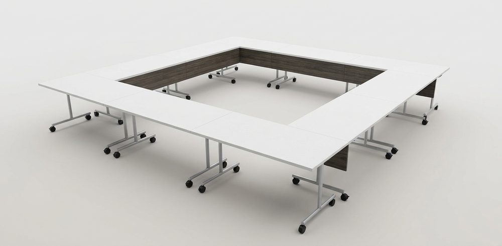 Modular folding tables arranged in a square configuration on white background