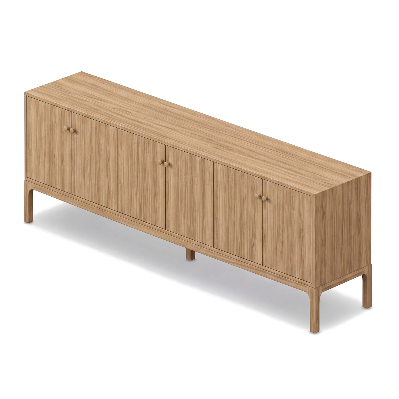 Oak credenza with tapered legs and turned wooden knobs, on white